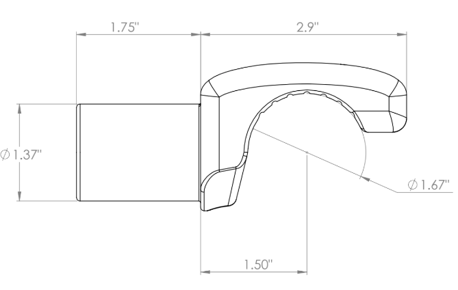 SRC raft frame connector dimensions: 1.67 inch saddle bore, 1.37 inch stub outside diameter, 1.75 inch stub depth, 2.9 inch saddle contact length